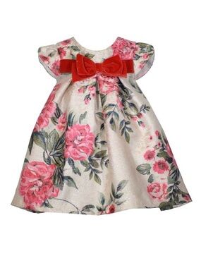 Bonnie Jean Floral Shimmer Jacquard Trapeze Dress with Velvet Bow & Cap Sleeves